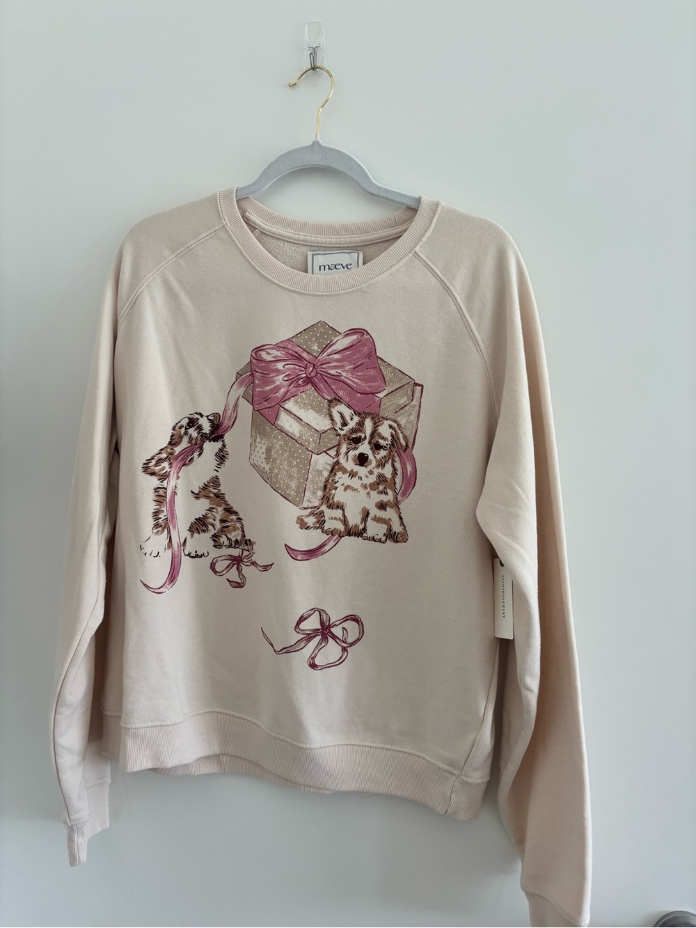NWT Anthropologie Maeve Cream Graphic Sweatshirt with Pink Bow & Puppies